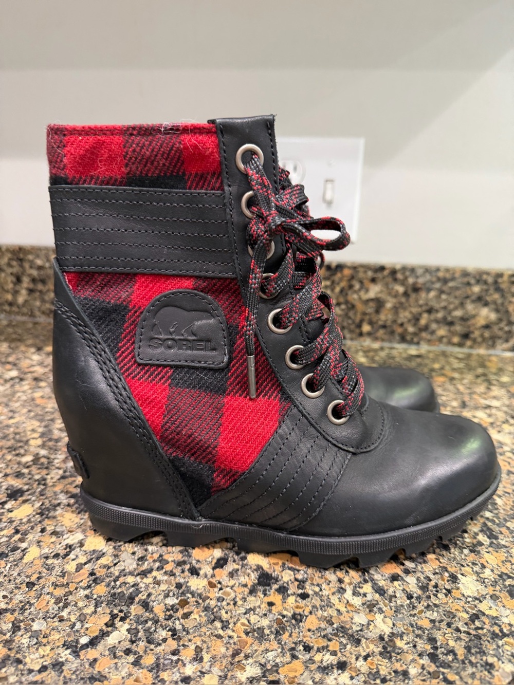 Sorel Women's Red Plaid Waterproof Wedge Ankle Boots 7